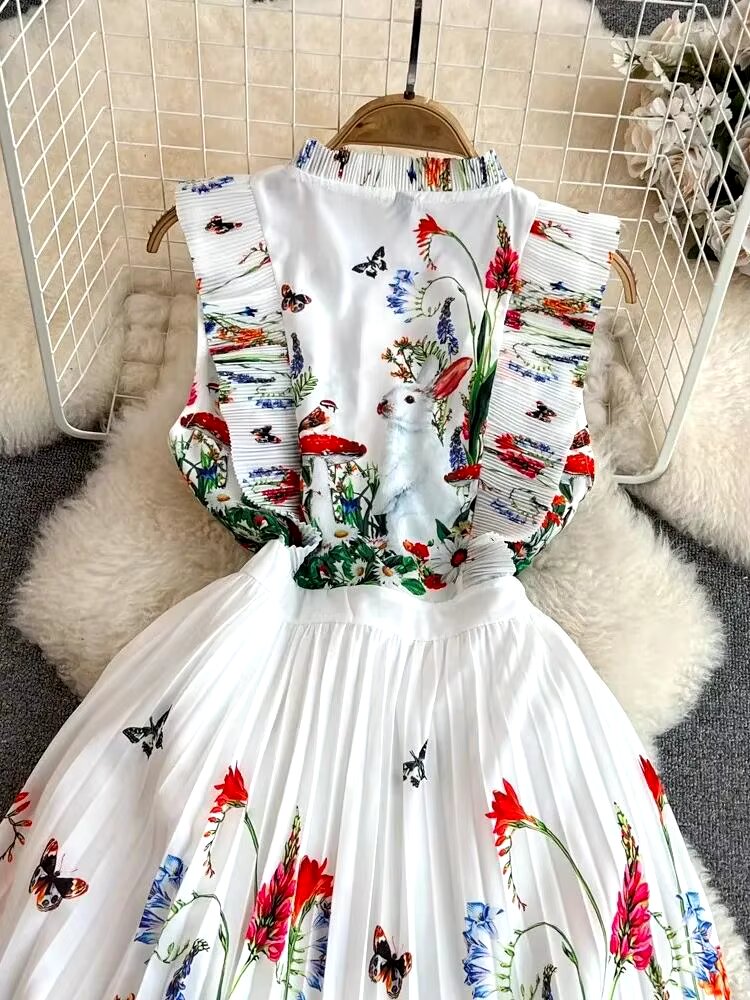 Robe d'Été Plissée à Fleurs et Lapin pour Femmes - Sans Manches, à Volants, avec Imprimé Floral et Lettres - Parfaite pour la Plage, les Soirées et les Vacances