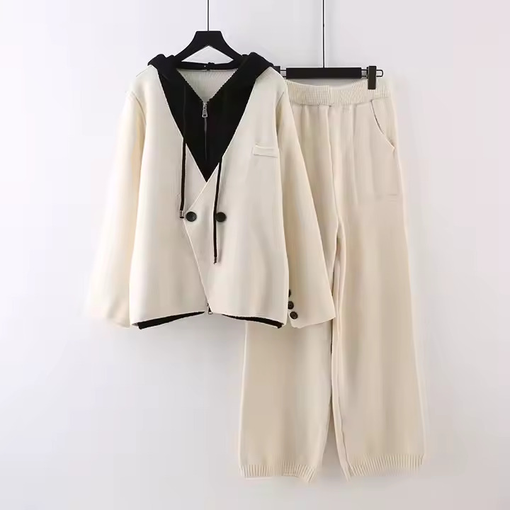 Ensemble Tricoté Femme – Veste à Capuche Intégrée et Pantalon Large