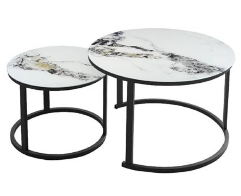 Set de 2 Tables Basses Gigognes Rondes - Plateau Effet Marbre Blanc & Pieds Métalliques Noirs