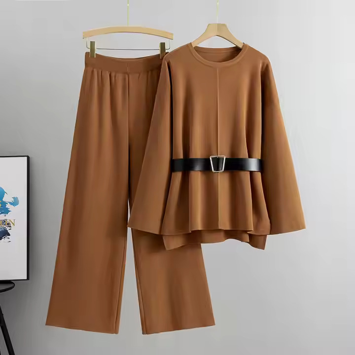 Ensemble Décontracté Femme – Haut Large à Manches Longues avec Ceinture + Pantalon Large
